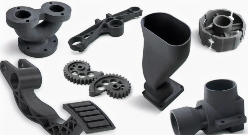 A collection of intricately designed 3D-printed mechanical parts, showcasing a variety of complex geometries and precision engineering.