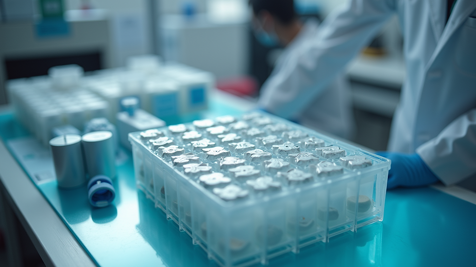 High angle view of a laboratory setup with polymer samples and analytical equipment