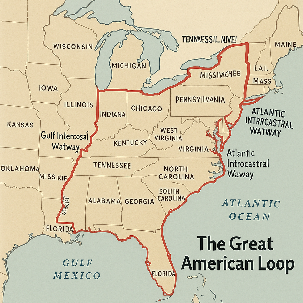 Map of the U.S. with "The Great American Loop" path in red, featuring cities and waterways and How to Boat the Great American Loop