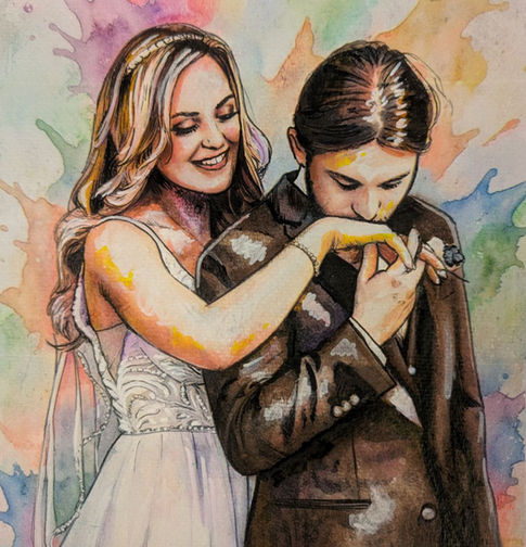A groom kisses the bride's hand in a water color painting, painted at Normandy Farm Hotel