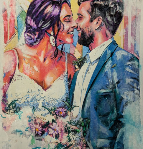 A colorful Pop Art inspired wedding painting of a bride and groom, about to kiss.
