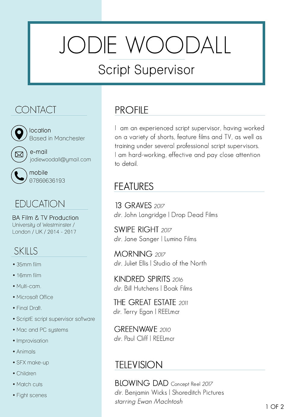Jodie Woodall Script Supervisor CV