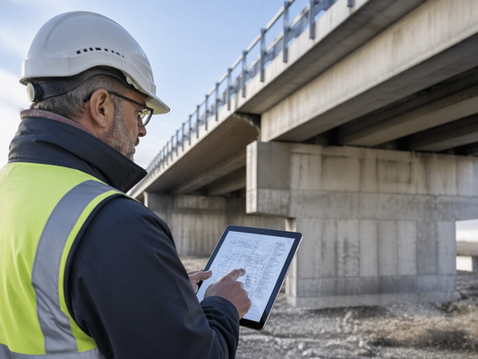 Foto de un técnico en obra civil revisando documentación técnica con tableta en mano, con una estructura de hormigón al fondo. Iluminación exterior. Transmite el contexto de especificación técnica profesional — no comercial, sino técnico.