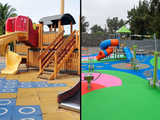 Imagen comparativa: izquierda, patio de colegio con caucho continuo colorido en perfecto estado con diseño de animales; derecha, parque con losetas en mal estado, bordes levantados y juntas abiertas. Contraste visual directo entre los dos sistemas después de años de uso.