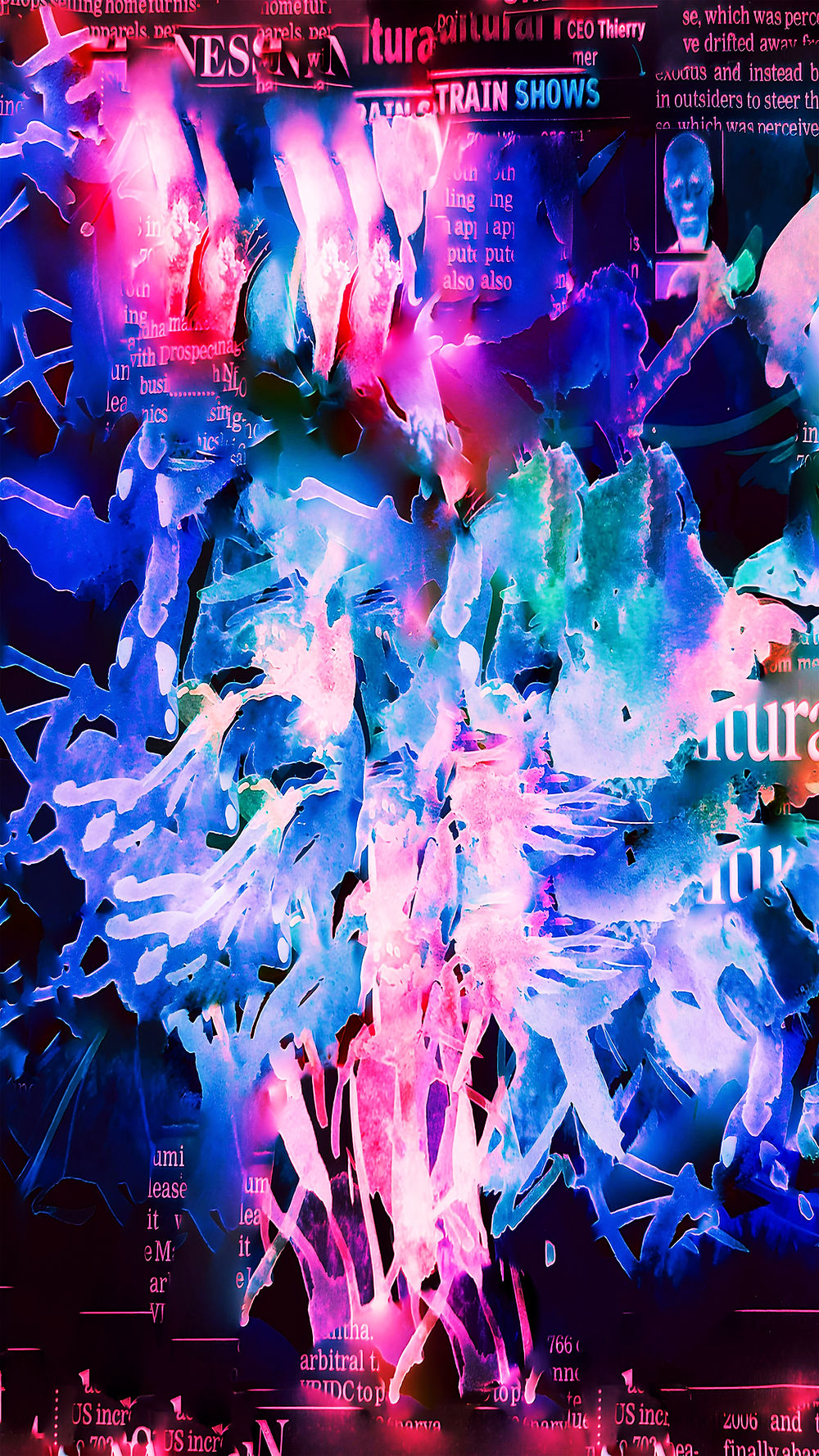 Phygital abstract artwork featuring layered blue, pink, and violet floral forms combined with fragmented newspaper text and digital collage elements, transformed from an original watercolor painting.