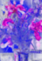 A phygital floral artwork depicting a bouquet of blooming flowers in a transparent glass vase. Vibrant magenta-pink petals emerge against electric blue and violet textures, blending watercolor marks with digital layering. The composition combines organic floral forms, expressive linework, and textured surfaces, creating a contemporary interpretation of growth, transformation, and the fusion of handmade and digital processes.