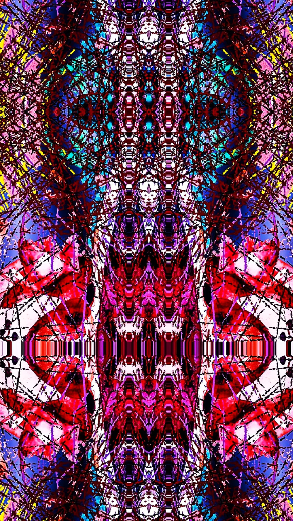 Symmetrical abstract digital artwork featuring dense red, magenta, blue, and black layered lines converging into a mirrored central structure with intricate geometric patterns.
