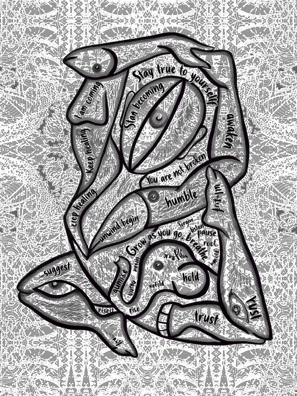 Surreal phygital artwork featuring a fragmented female figure, bird-like forms, symbolic eye, embedded typography, and layered textures exploring transformation, awareness, and inner growth.