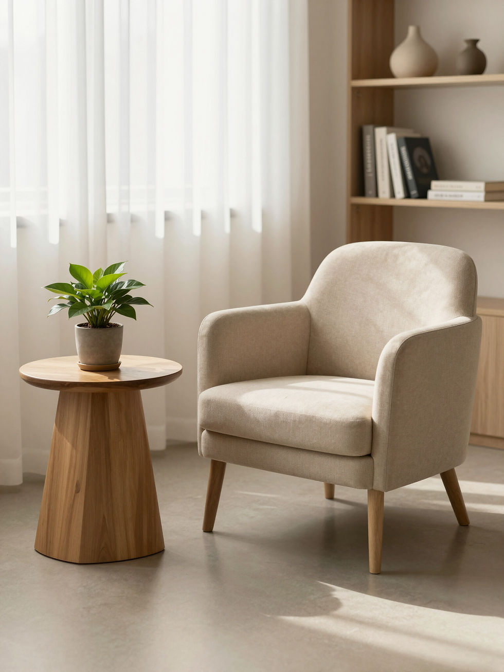 Calm psychotherapy office with a comfortable armchair and plant at Nova Therapy