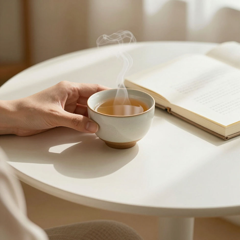 Warm cup of tea beside an open book in a calm, quiet setting