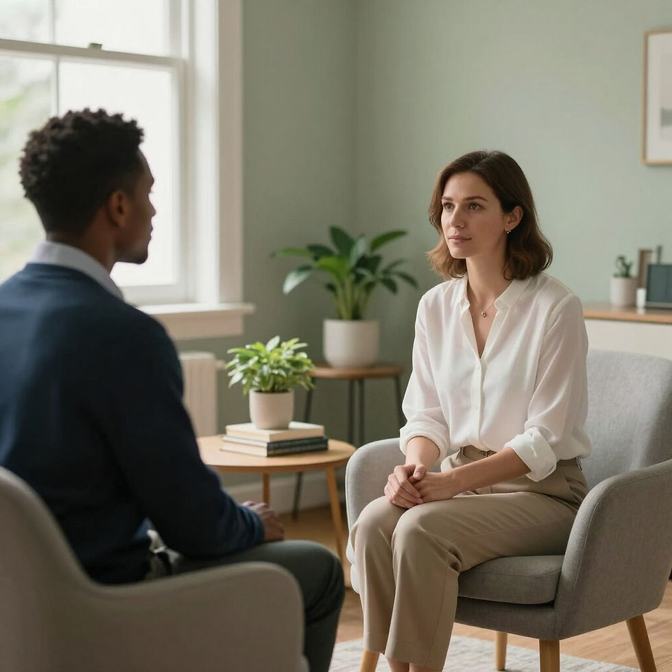 Adult client meeting with a therapist during Deep Brain Reorienting therapy