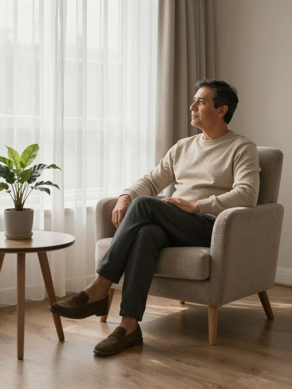 Adult seated in a calm setting representing psychotherapy services in Toronto
