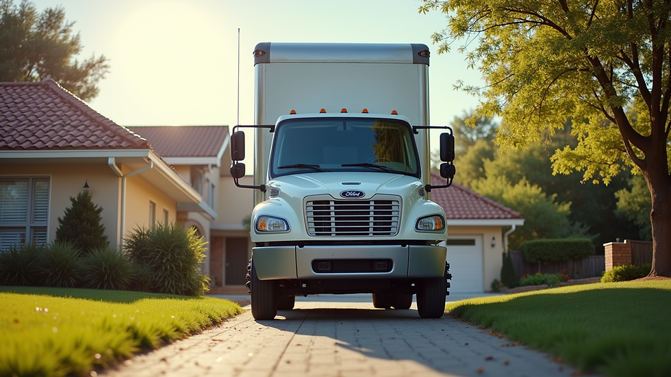 Eye-level view of a moving truck parked outside a residential home
