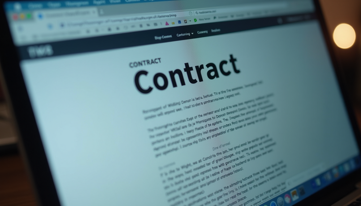 Eye-level view of a computer screen showing a contract document with highlighted clauses