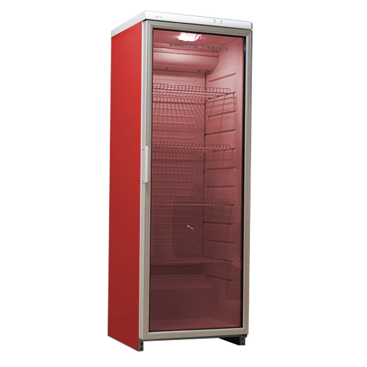 Kühlschrank mieten in Rot mit Glastür, LED Beleuchtung, 175cm hoch, 350 Litern Fassungsvermögen.