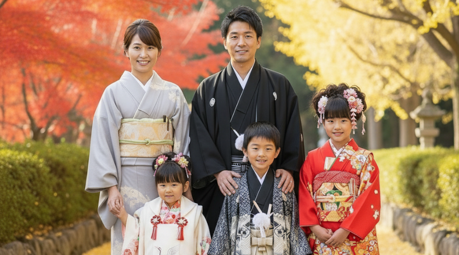A family in traditional Japanese attire
