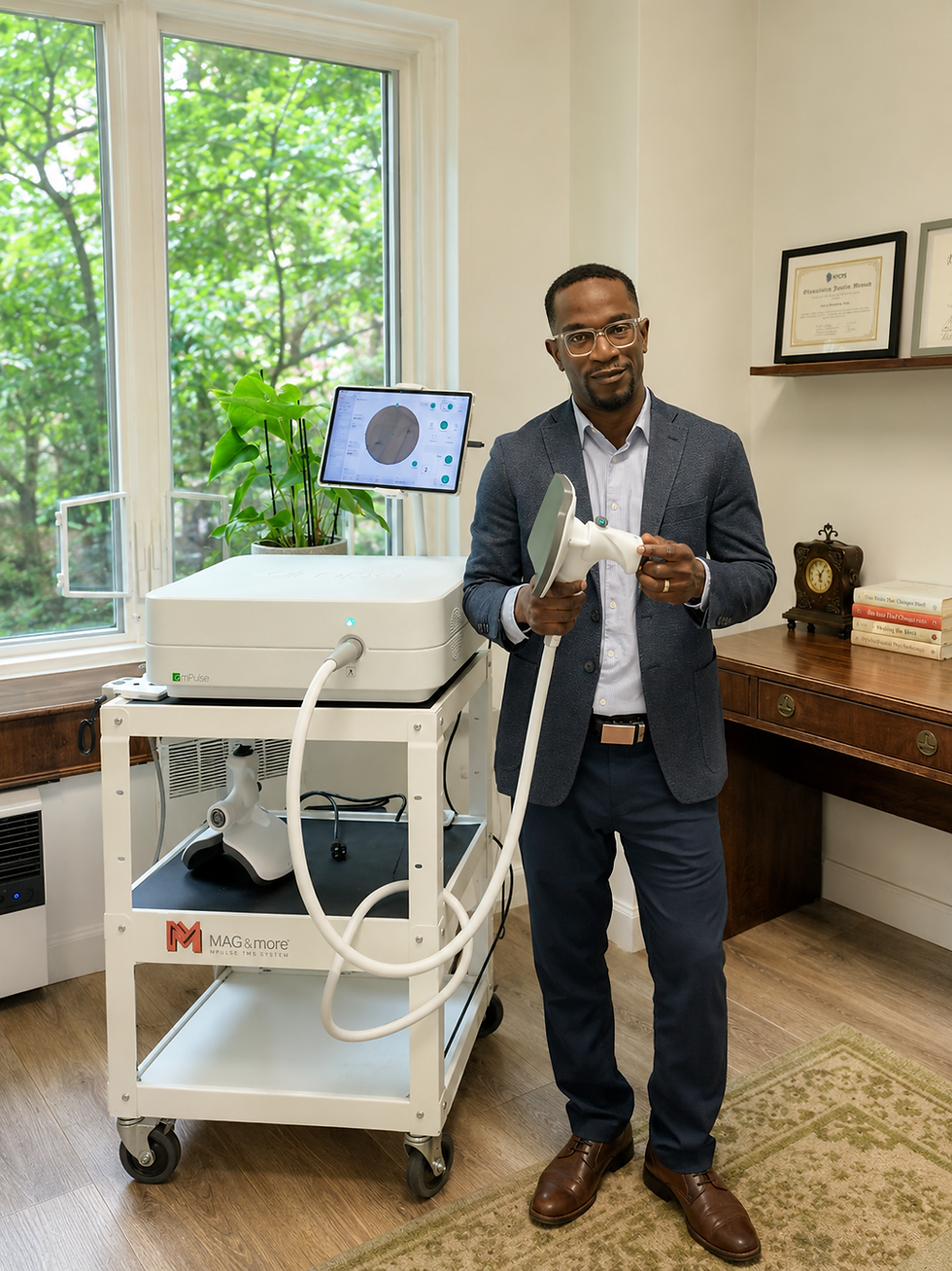 Professional holding a TMS device next to a medical cart.