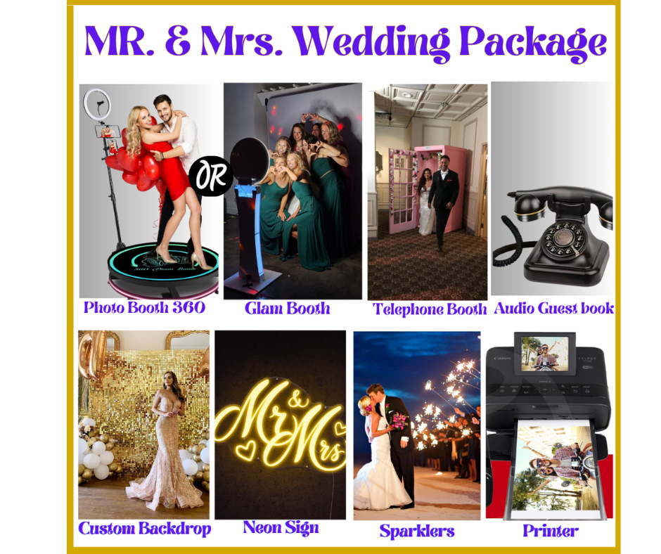 Luxury photo booth experience for weddings with a bride and groom on a 360 photo booth, romantic lighting, and personalized d