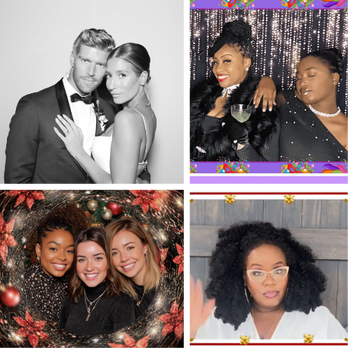 Black and white glam photo booth collage featuring multiple guest portraits with studio lighting by Glam Shots Photo 360