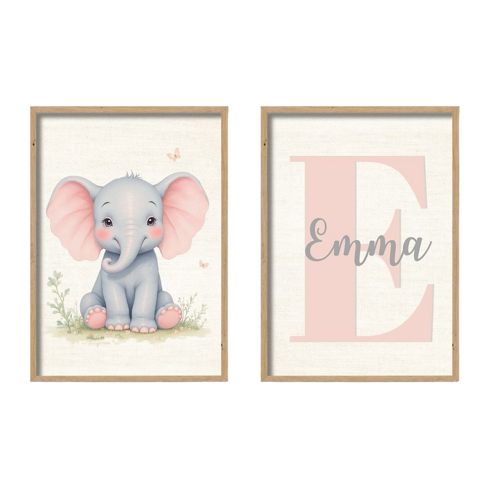 Miniatura: Set de 2 Cuadros Infantiles Personalizados, Elefante Rosa con marco