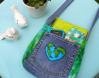 Upcycled love the planet boho Jean bag