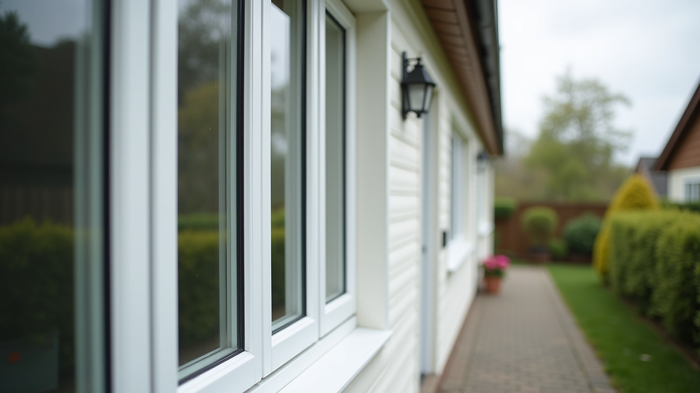 Eye-level view of a row of newly installed vinyl windows on a residential home