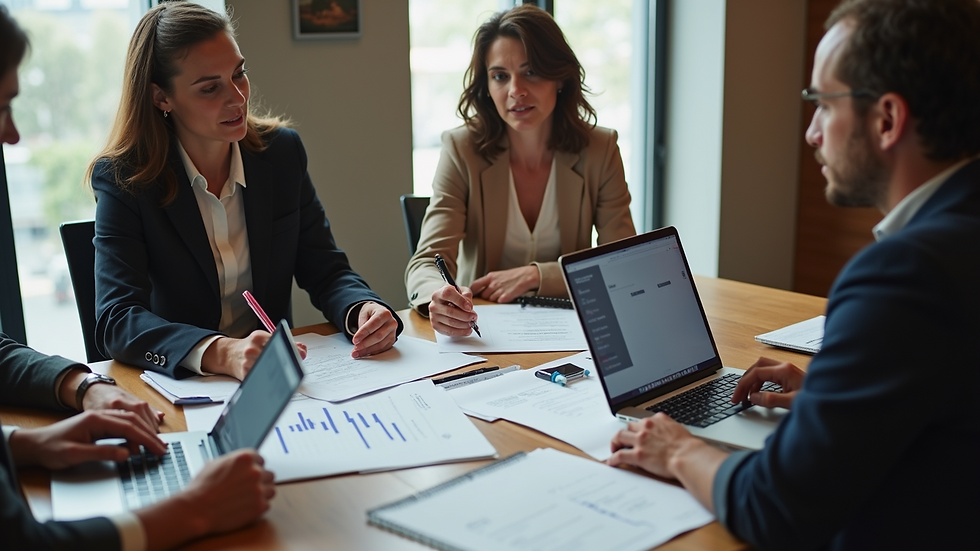 High angle view of a hotel marketing team brainstorming with laptops and notes