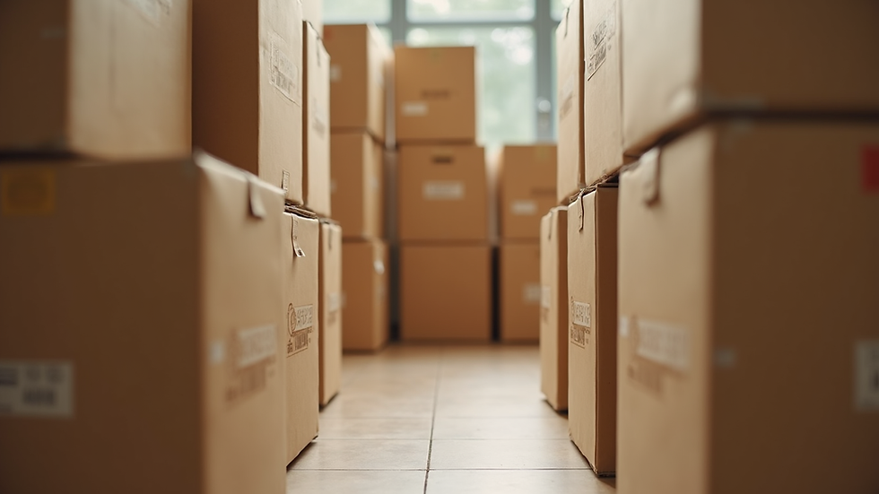 Eye-level view of recycled cardboard boxes stacked neatly