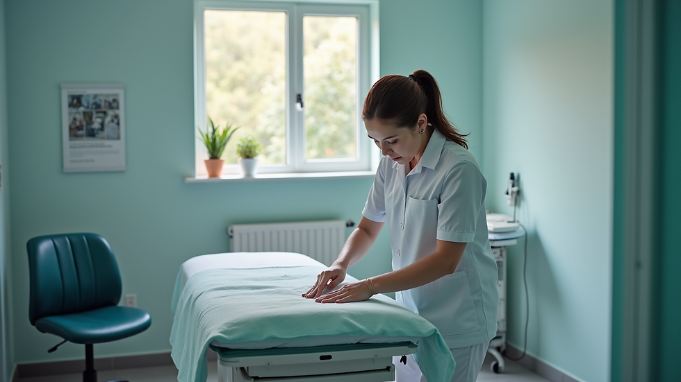 High angle view of a chiropractor preparing treatment room with equipment