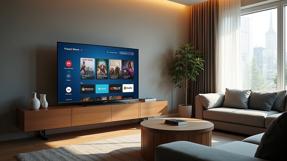 Eye-level view of a modern living room with a smart TV displaying a streaming app interface