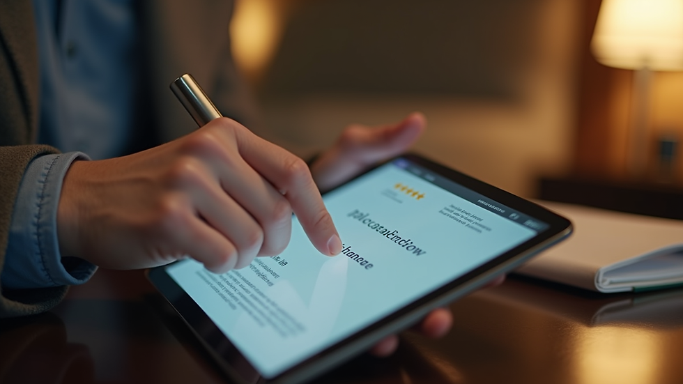 Close-up view of a hotel guest leaving a positive review on a tablet