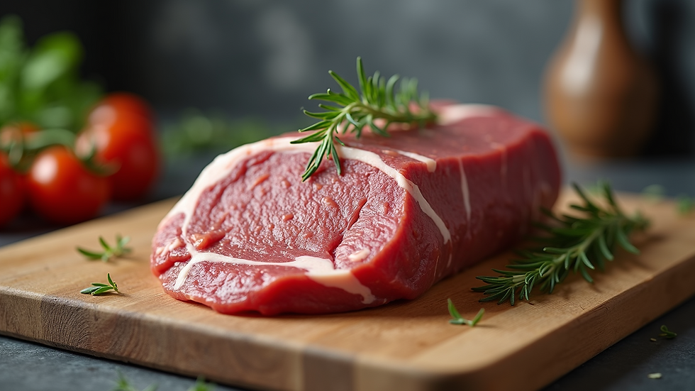 Eye-level view of a premium meat package from an online butcher on a kitchen counter
