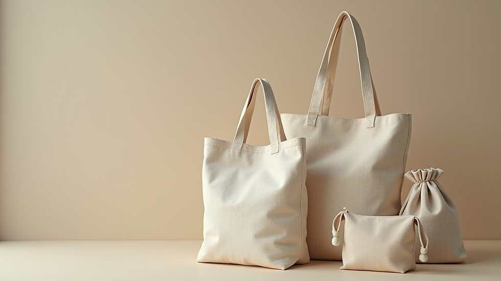 Eye-level view of a collection of sustainable carry bags made from organic cotton