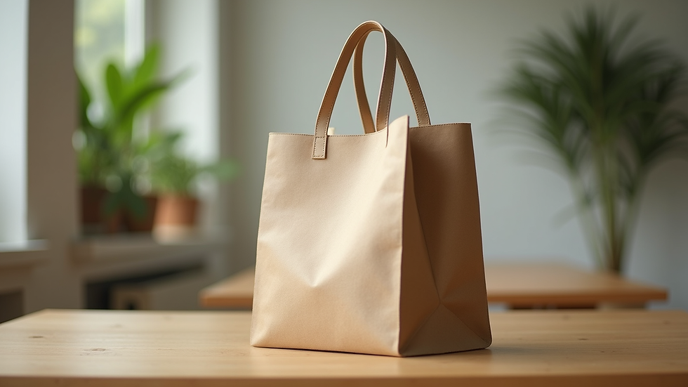 Close-up view of a sustainable carry bag made from recycled materials on a wooden table