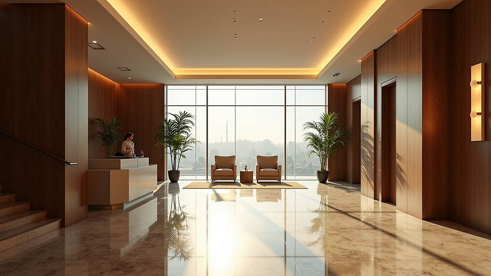 Eye-level view of a hotel lobby with modern design