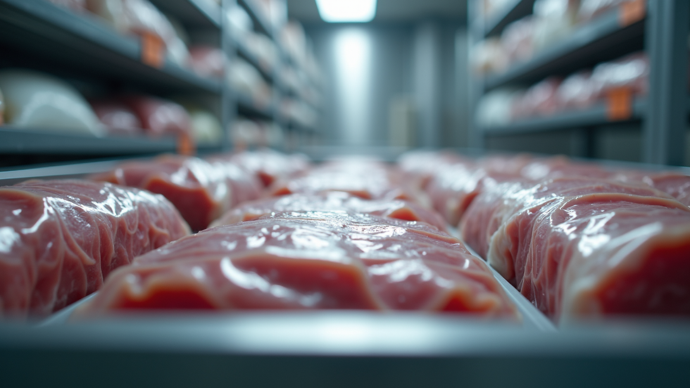 Eye-level view of a well-organized freezer with vacuum-sealed meat packages