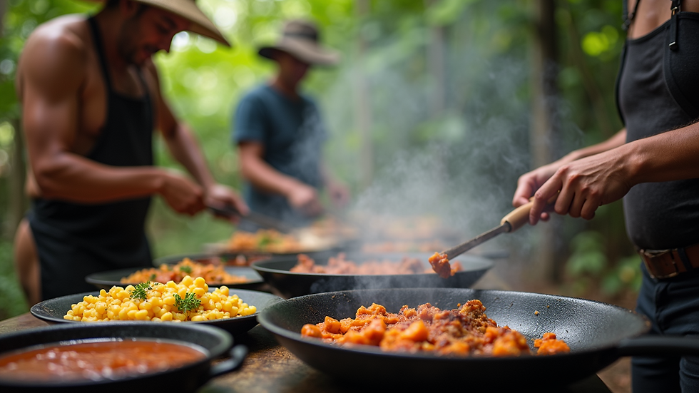 Wide angle view of a group cooking traditional Costa Rican dishes outdoors