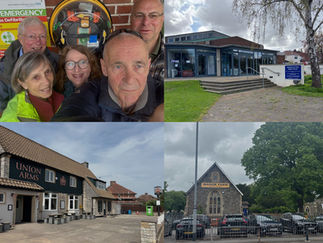 Collage showing recent Defibs4Bristol support projects, including Westbury-on-Trym Baptist Church, Manor Farm Boys Club, the Union Arms pub and community volunteers standing beside a public defibrillator.