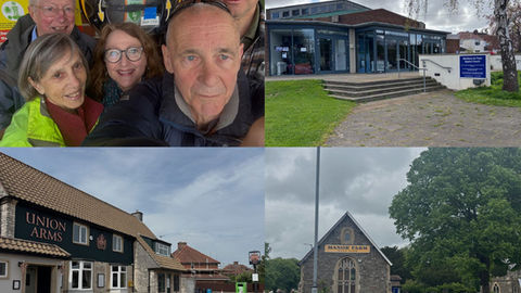 Collage showing recent Defibs4Bristol support projects, including Westbury-on-Trym Baptist Church, Manor Farm Boys Club, the Union Arms pub and community volunteers standing beside a public defibrillator.