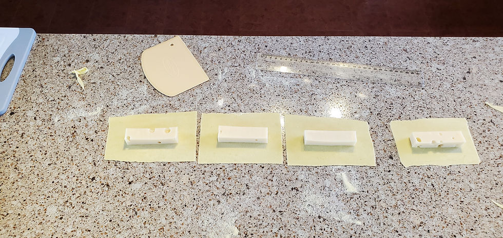 4 pasta rectangles with cheese on the center of each one, laying on a countertop