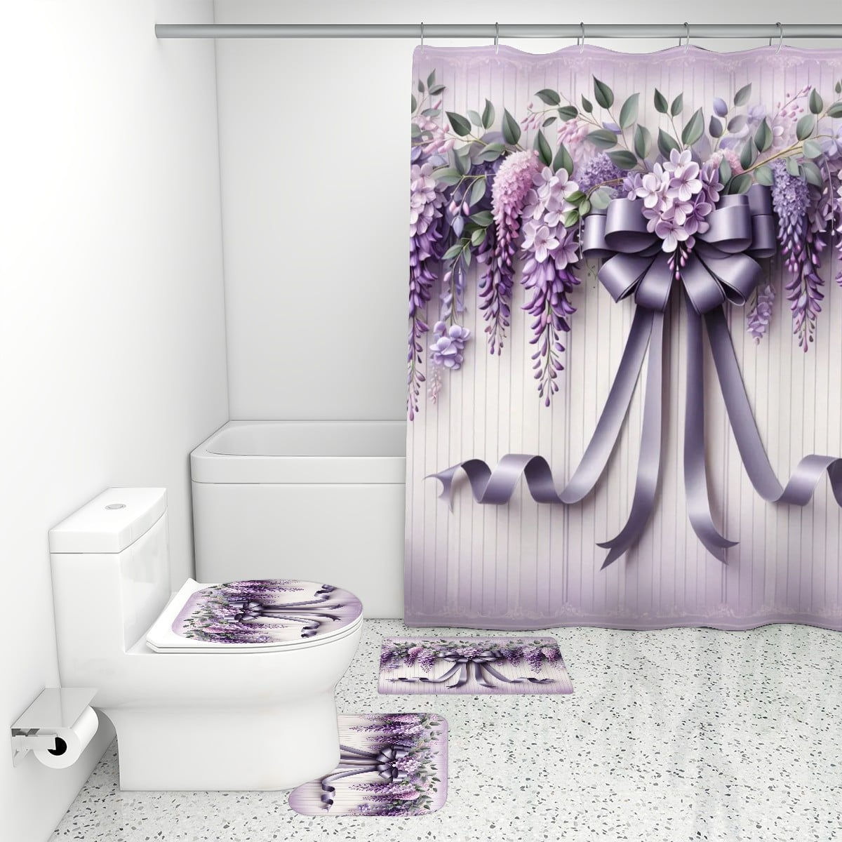 Bathroom Rugs Set with Shower Curtain 4 pcs