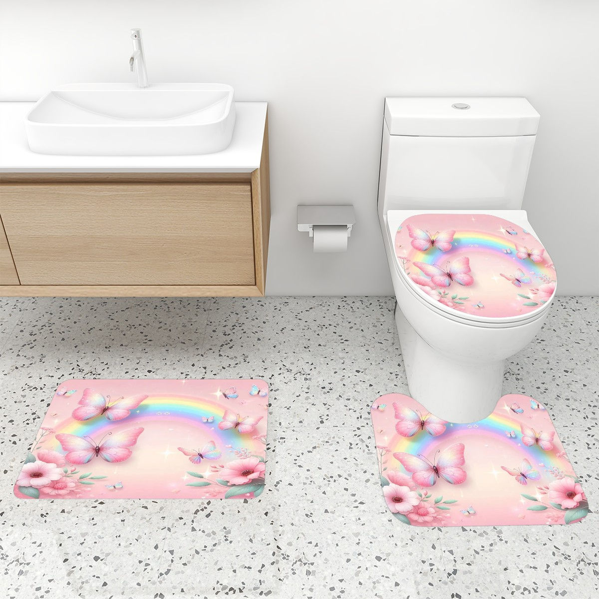 Bathroom Rugs Set with Shower Curtain 4 pcs