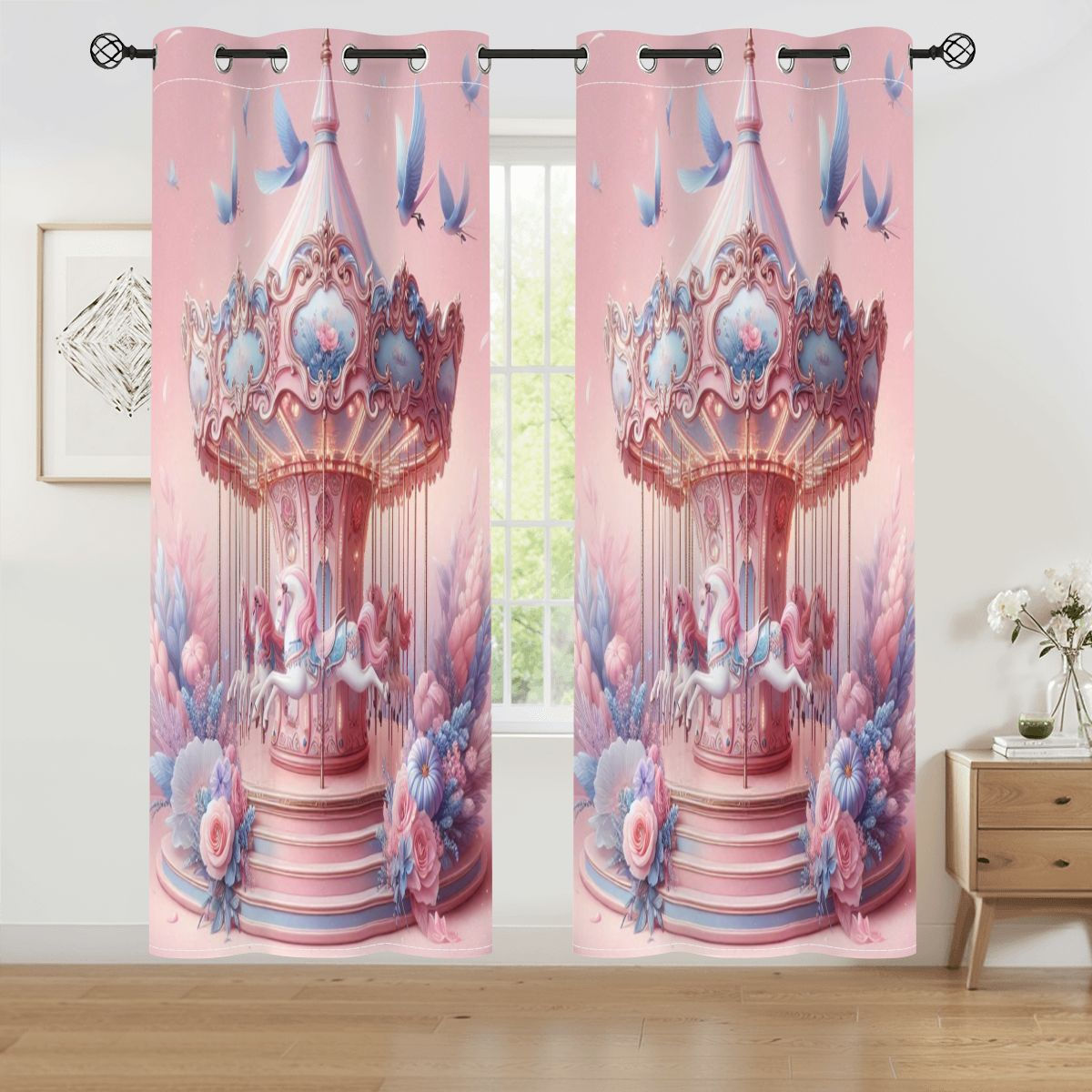 Pink Carousel Girls Blackout Curtains Multi Sizes