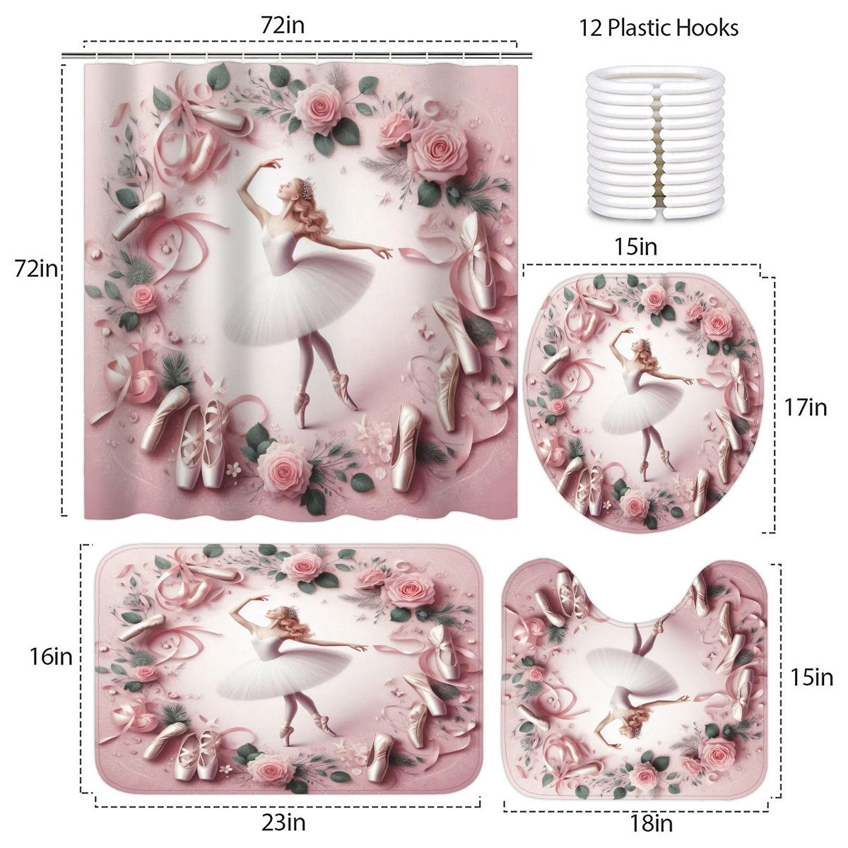 Bathroom Rugs Set with Shower Curtain 4 pcs