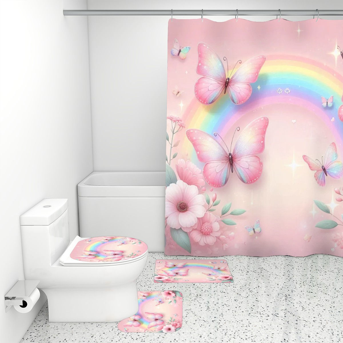 Bathroom Rugs Set with Shower Curtain 4 pcs