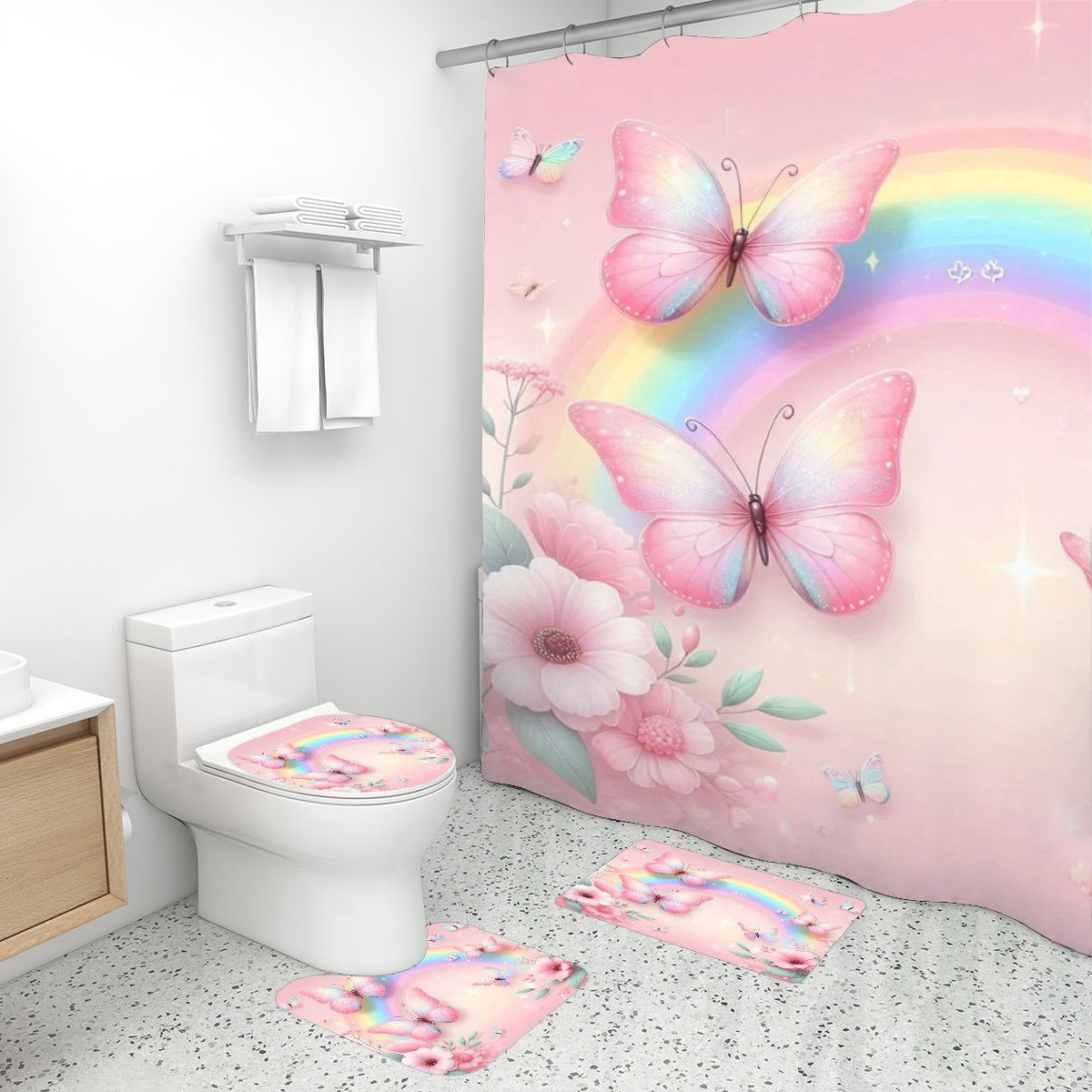 Bathroom Rugs Set with Shower Curtain 4 pcs