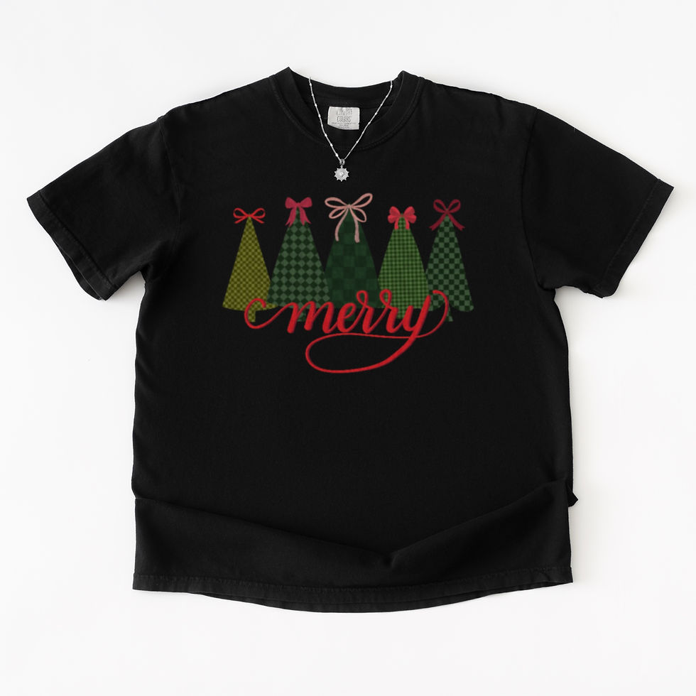 Thumbnail: Christmas Tree Checkered Comfort Colors T-shirt with coquette bows