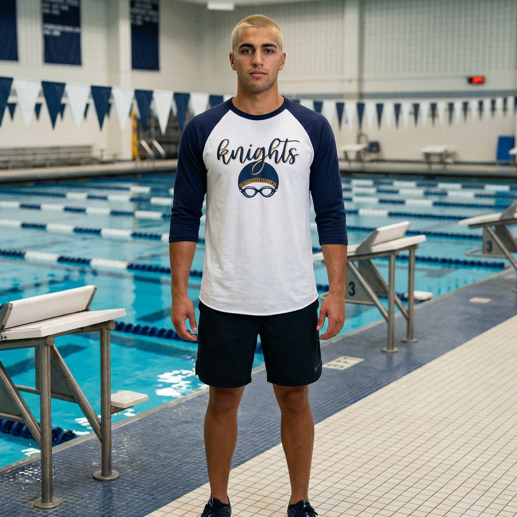 Knights Swim Team Raglan Shirt — ‘Knights’ Script with Goggles