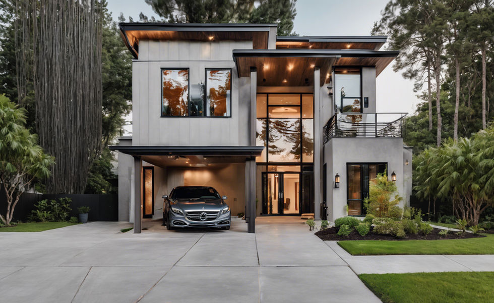 Modern two-story custom home with sleek architecture, expansive windows, luxury finishes, and a contemporary driveway surrounded by lush landscaping and mature trees.