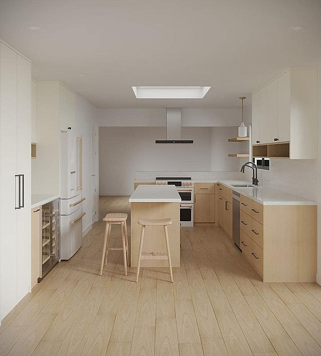 Minimalist kitchen with creamy white walls, beige wood cabinets, and neutral flooring in a soft, modern design.